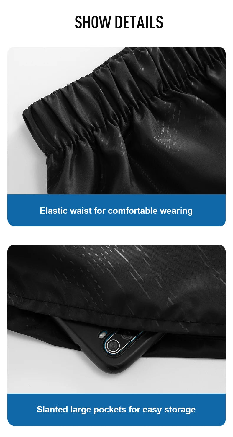 Black drawstring bag with elastic waist and large pockets on a white background
